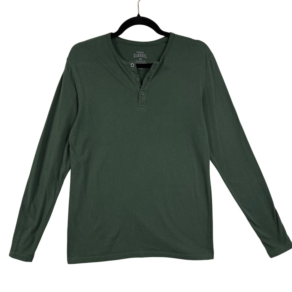 True Classic S Green Long Sleeve Henley Shirt Cotton Casual Basic Layers Outdoor